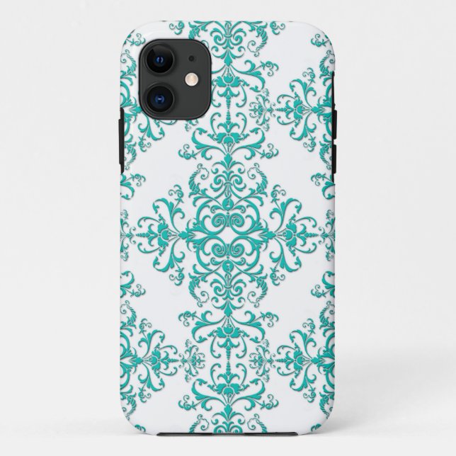 Capa Para iPhone 11 Elegante Aqua Turquesa sobre Padrão Damask Branco (Verso)