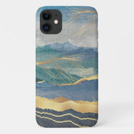 Capa Para iPhone 11 Elegante Arte Azul de Paisagem Dourada