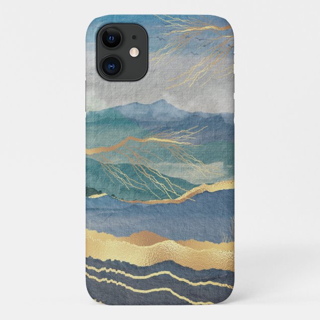Capa Para iPhone 11 Elegante Arte Azul de Paisagem Dourada (Verso)