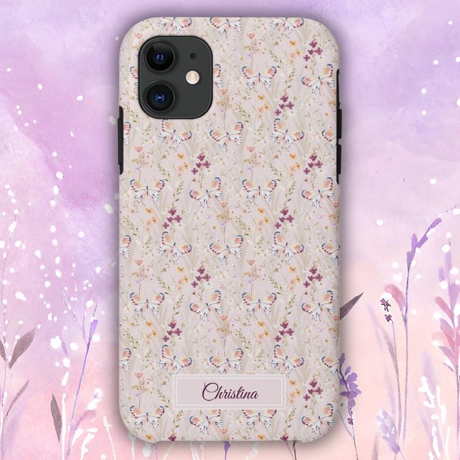 Capa Para iPhone 11 Elegante Boho Aquarela Flor Borboleta Monograma (Criador carregado)