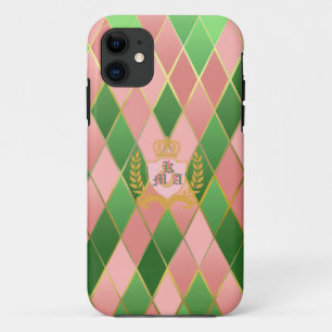 Capa Para iPhone 11 Elegante Chic Rosa e Verde Argyle Monogramado