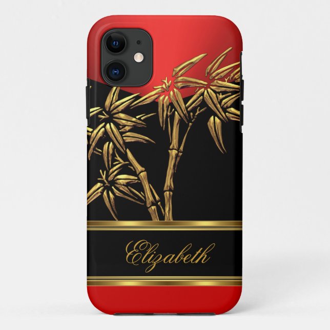 Capa Para iPhone 11 Elegante Clássico Asiático Bambu Vermelho Dourado  (Verso)