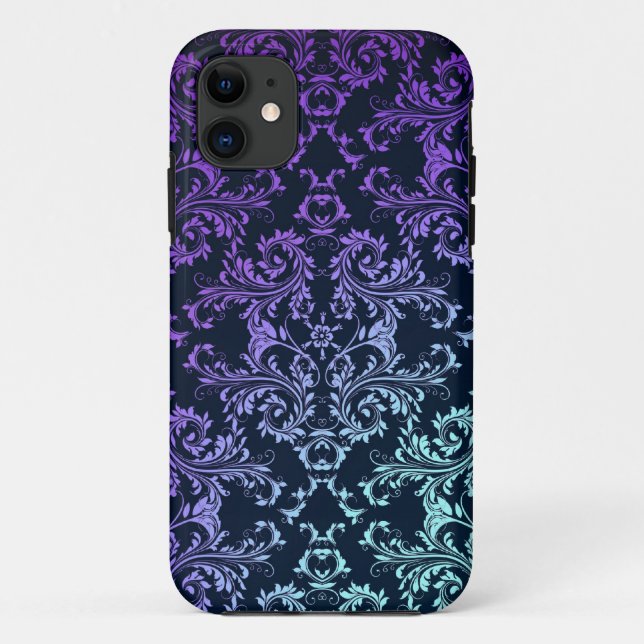 Capa Para iPhone 11 Elegante Damasco Azul Teal Roxo Preto (Verso)