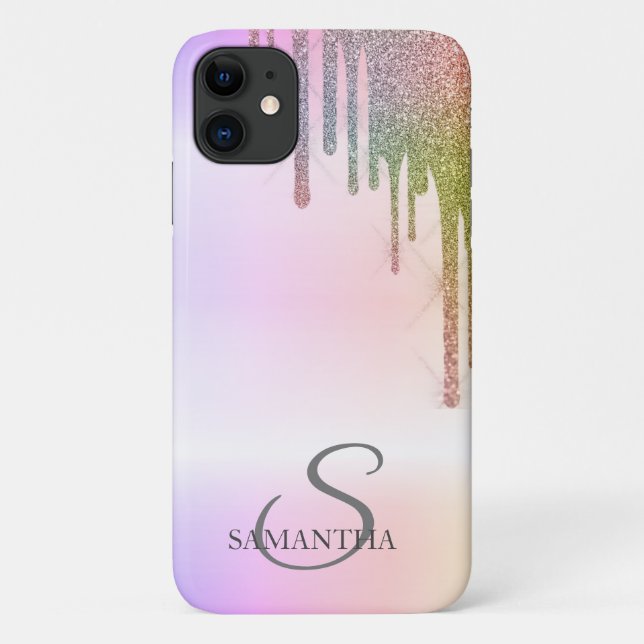 Capa Para iPhone 11 Elegante Degradê de Glitter com Gotas de Arco-íris (Verso)