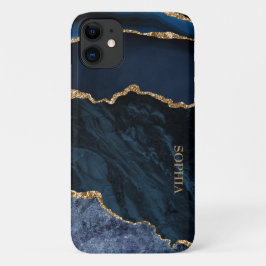 Capa Para iPhone 11 Elegante Marinho Chic Azul Dourado Agate Personali