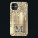 Capa Para iPhone 11 Elegante Monograma Dourado Glitter Drives Dourados<br><div class="desc">O nome e a capas de iphone monofilizada são gotejados por brilho de ouro moderno e feminino. Este design apresenta brilho amarelo de brilho dourado pingando fundo de metal escovado em ouro com modelo de texto personalizado monograma inicial e nome próprio. Presente feminino perfeito. Se precisar de ajuda ou itens...</div>