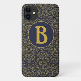 Capa Para iPhone 11 Elegante Monograma em Filigrana Azul e Dourado