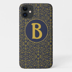 Capa Para iPhone 11 Elegante Monograma em Filigrana Azul e Dourado