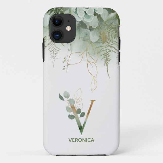 Capa Para iPhone 11 Elegante Monograma V Fern Succulent (Verso)
