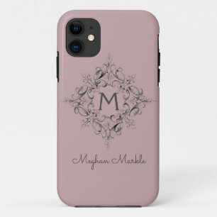 Capa Para iPhone 11 Elegante Monogrammed clássico cor-de-rosa Maiúscul