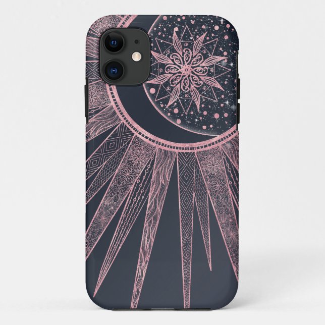 Capa Para iPhone 11 Elegante Rosa Dourado Doodles Sun Moon Mandala Des (Verso)