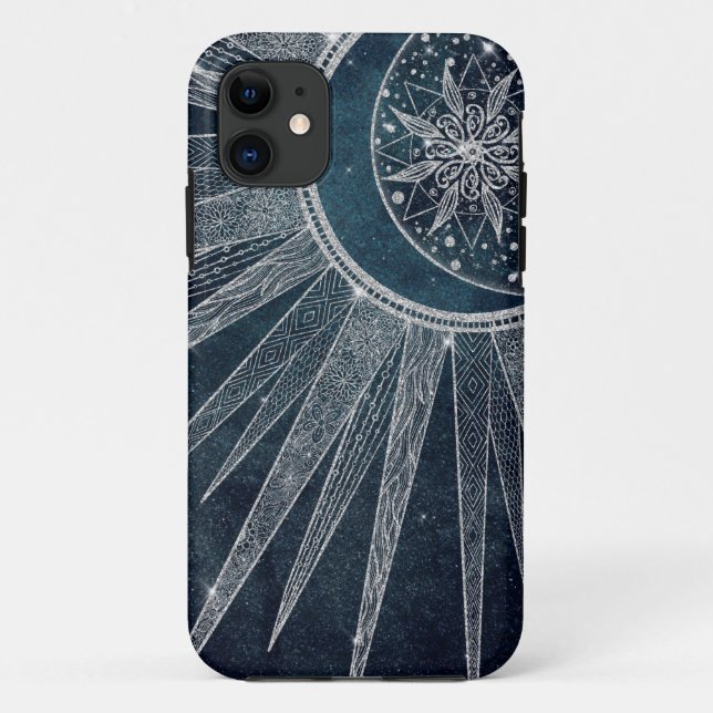Capa Para iPhone 11 Elegante Sun Moon Doodle Mandala Blue Design (Verso)
