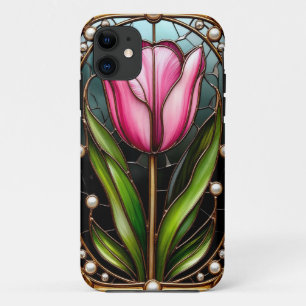 Capa Para iPhone 11 Elegante Tulipa de Vidro Colorido com Moldura Dour