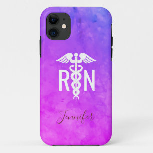 Capa Para iPhone 11 Enfermeiro RN Médico Rosa Púrpura Monograma de A
