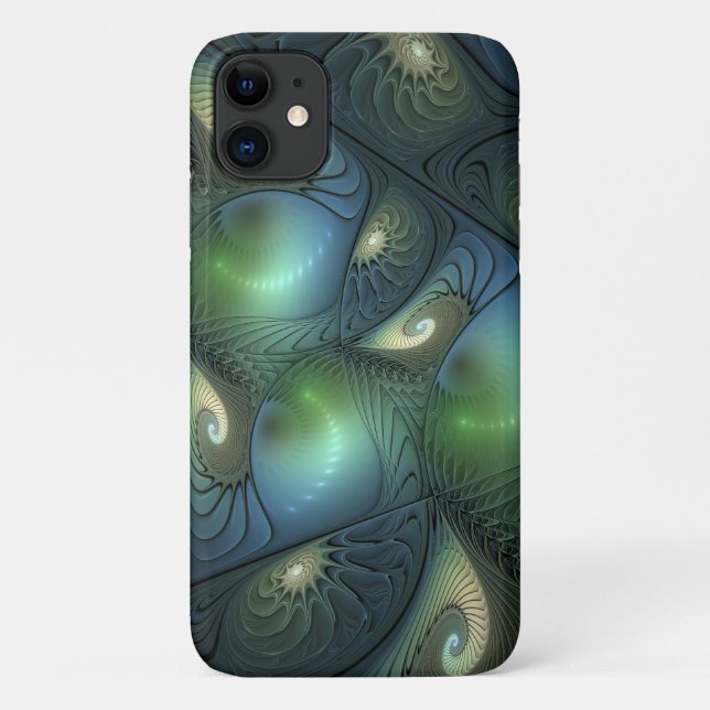 Capa Para iPhone 11 Espirais Teal Beige Verde Abstrato Fractal (Verso)