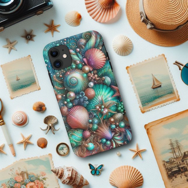 Capa Para iPhone 11 Esplendor de Conchas Glamour Coral Menta  (Criador carregado)