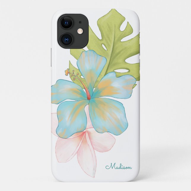 Capa Para iPhone 11 Estilo de Ilha Aquarela Tropical Floral com Nome (Verso)