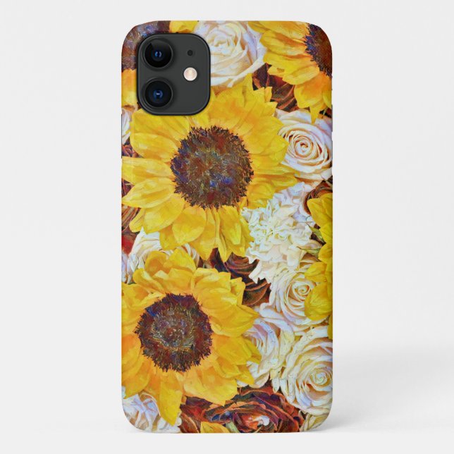 Capa Para iPhone 11 Estojo de Telefone Arte Floral Girassóis Rosas (Verso)