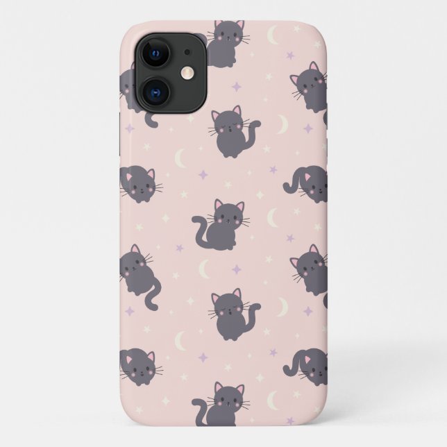 Capa Para iPhone 11 Estojo de Telefone Rosa Gato Cinza Fofo (Verso)