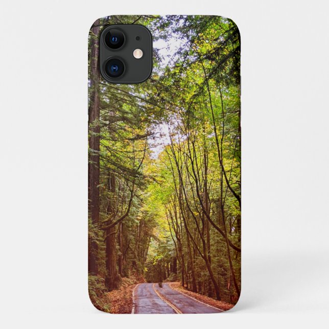 Capa Para iPhone 11 Estrada úmida através de árvores verdes no outono  (Verso)