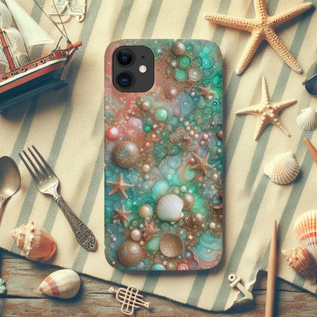 Capa Para iPhone 11 Estrela-do-Mar com Espuma de Menta e Brilho Dourad (Criador carregado)