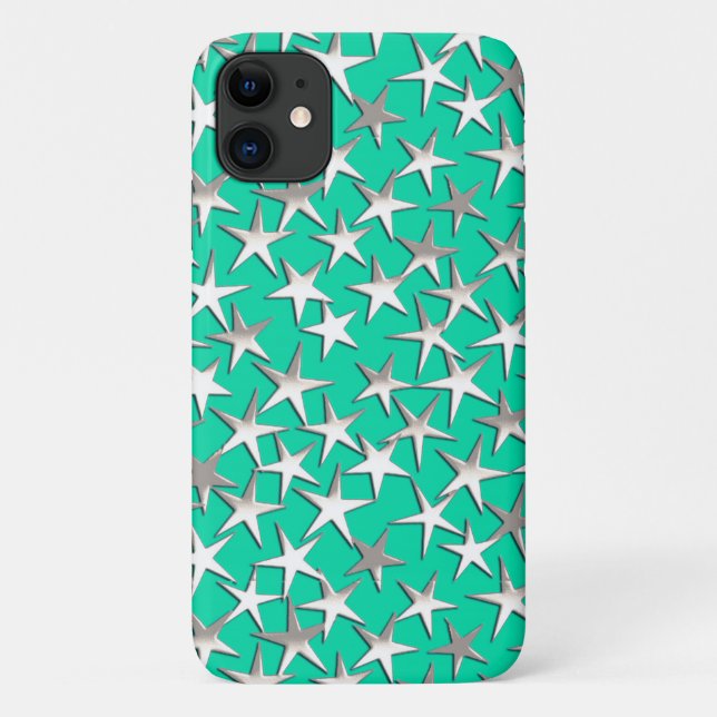 Capa Para iPhone 11 Estrelas prateadas na turquesa (Verso)