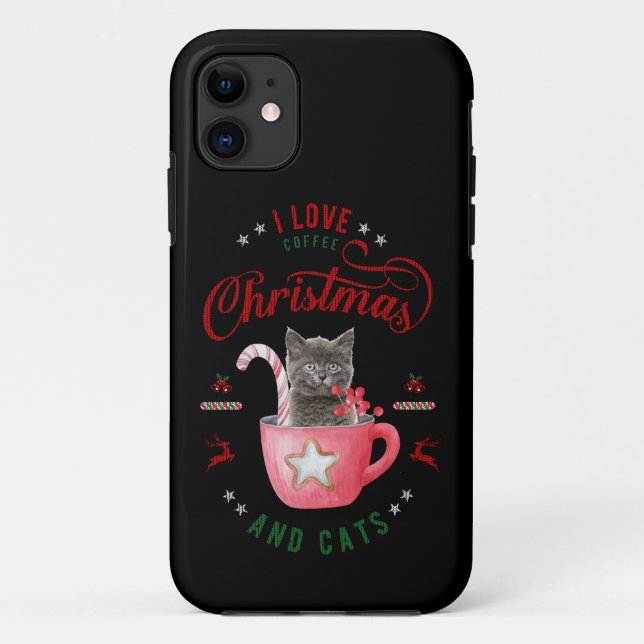 Capa Para iPhone 11 Eu adoro Café Natal e Gatos Felizes (Verso)
