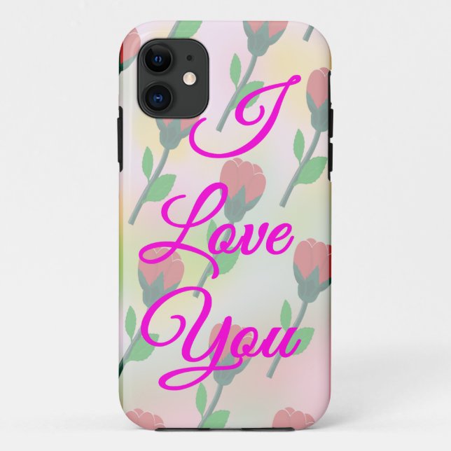 Capa Para iPhone 11 Eu Amo Você com Padrão de Flores Vermelhas (Verso)