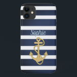 Capa Para iPhone 11 Faixa Azul e Âncora Dourada Náutica<br><div class="desc">design náutico de Âncora Azul e Dourada. 
Personalizar de acordo com o seu gosto; é um modelo. :)</div>