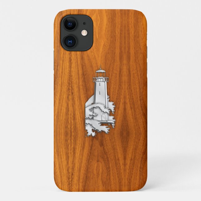 Capa Para iPhone 11 Farol Cromo no Teak Veneer Impressão (Verso)