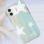 Capa Para iPhone 11 Faux Beach Wood Starfish, aflorado, personalizado<br><div class="desc">Madeira azul de praia tropical desarrumada com três estrelas-do-mar brancas e capa de telefone personalizada.</div>