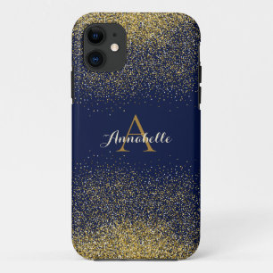 Capa Para iPhone 11 Faux Glitter Dourado Monograma