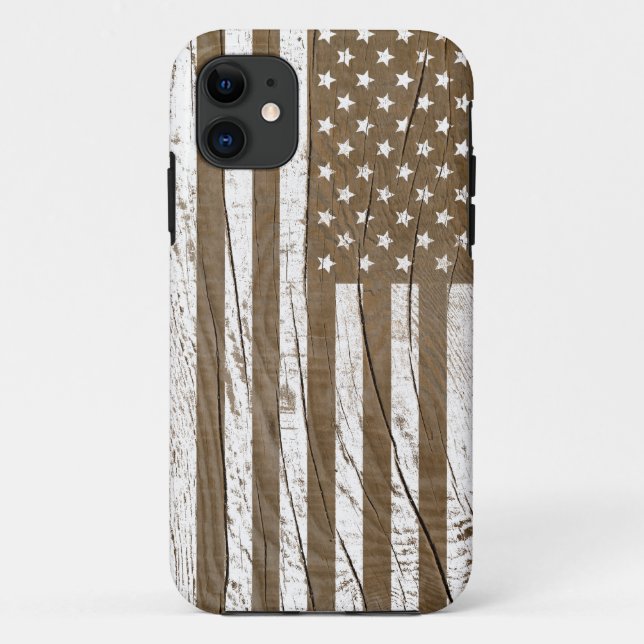 Capa Para iPhone 11 Faux Wood Grain Grunge Flag Americano (Verso)