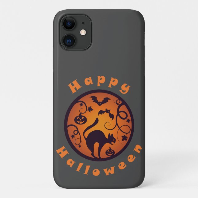 Capa Para iPhone 11 Feliz lanterna do Halloween aranhas e morcegos neg (Verso)