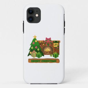 Capa Para iPhone 11 Feliz Natal perto da árvore de Natal de lareira bo