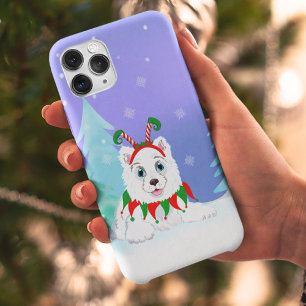 Capa Para iPhone 11 Feliz Natal Samoyed Com Banda de Cabeça Elf