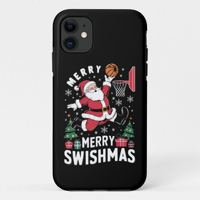 Capa Para iPhone 11 Felizes de natal suíços jogando basquete (Verso)