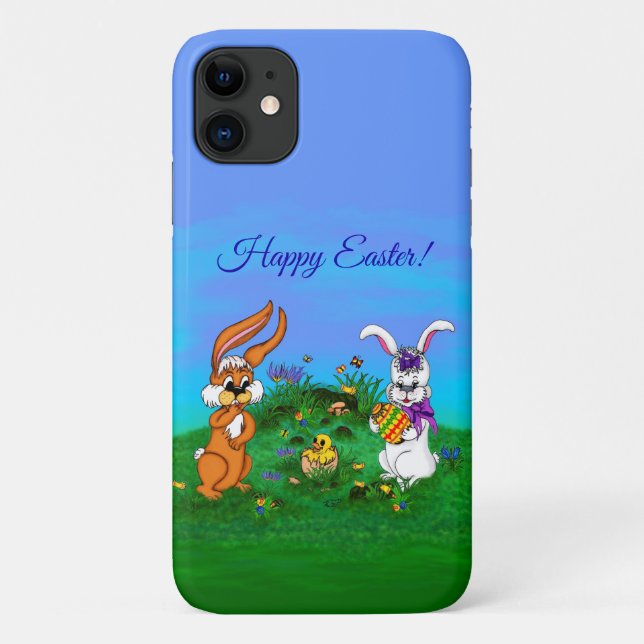 Capa Para iPhone 11 Felz pascoa! Coelho com coelho e Pintinho (Verso)