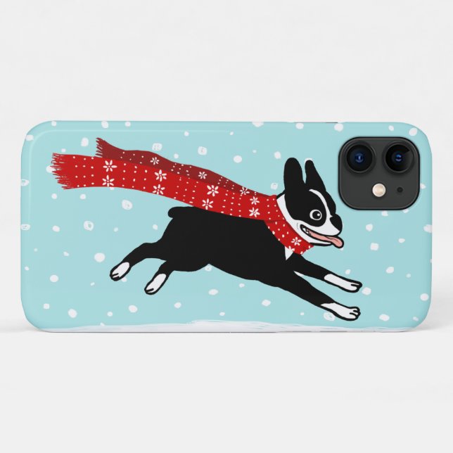 Capa Para iPhone 11 Férias de Inverno Boston Terrier Vestindo Cachecol (Verso (horizontal))