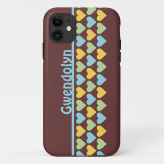 Capa Para iPhone 11 Filas de corações padrão azul verde personalizar n