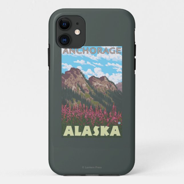 Capa Para iPhone 11 Fireweed & montanhas - Anchorage, Alaska (Verso)