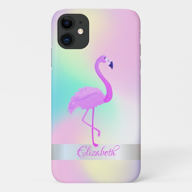 Capa Para iPhone 11 Flamingo Feminino Holográfico Ombre (Verso)