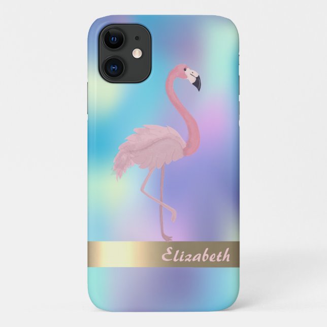Capa Para iPhone 11 Flamingo Holográfico Rosa Moderno (Verso)