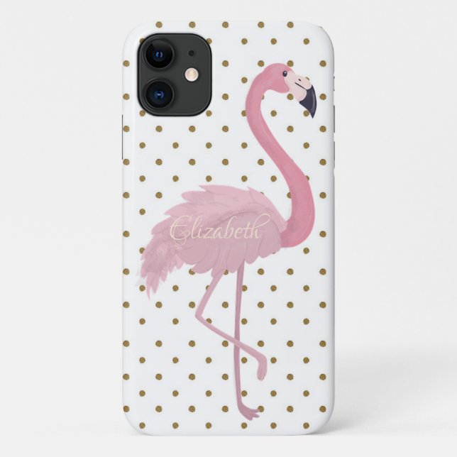 Capa Para iPhone 11 Flamingo Rosa Adorável, Personalizado por Bolinhas (Verso)