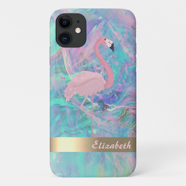 Capa Para iPhone 11 Flamingo Rosa Moderno Opalescente Iridescente (Verso)