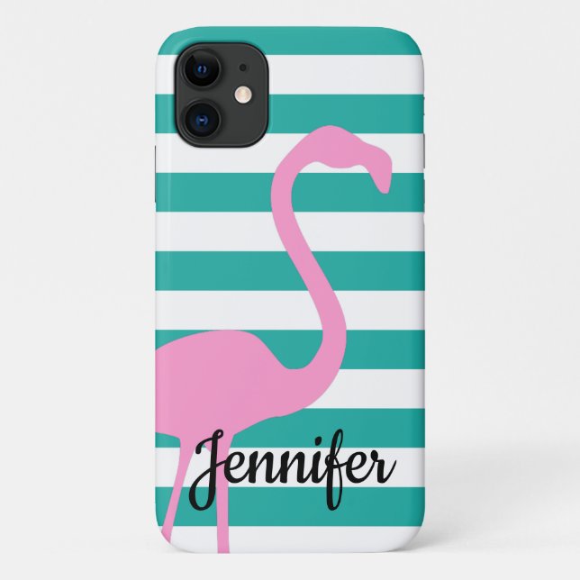 Capa Para iPhone 11 Flamingo Rosa Personalizado com Listra Branca Turq (Verso)