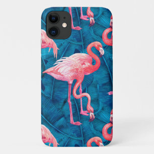 Capa Para iPhone 11 Flamingos em folhas de bananas azuis