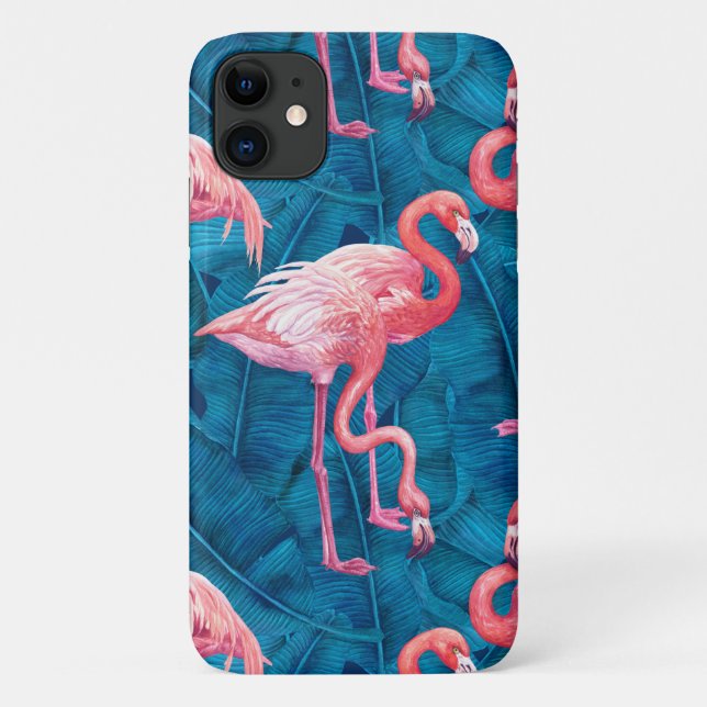 Capa Para iPhone 11 Flamingos em folhas de bananas azuis (Verso)