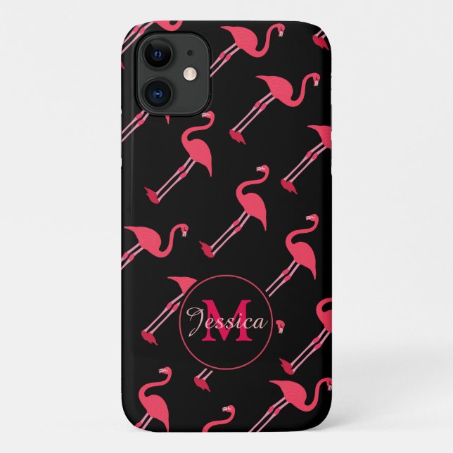 Capa Para iPhone 11 Flamingos rosa em preto personalizado (Verso)