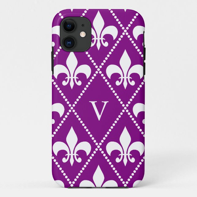Capa Para iPhone 11 Fleur de Lis, roxa, profundo, com monograma (Verso)
